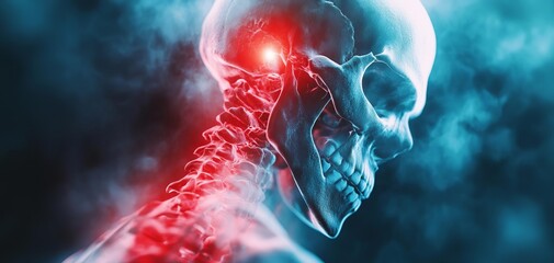 A detailed view of a human skull highlighting the neck and cervical spine, surrounded by a dramatic blue and red mist.