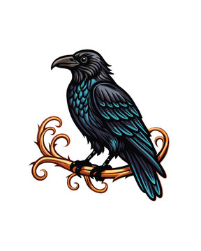 recommend clip art: Vector illustration of a raven perched on a branch with editable strokes.