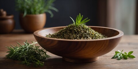 A wooden bowl with herbs and a mortar and pestle sits on a table.