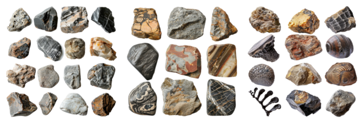 Collection of fossils rocks isolated on transparent background, set of