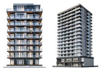 Condo building isolated on transparent background, set of