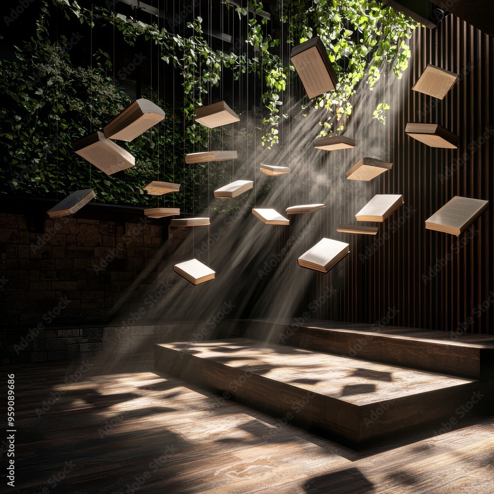 Poster sunbeams illuminate a wooden platform with floating books.