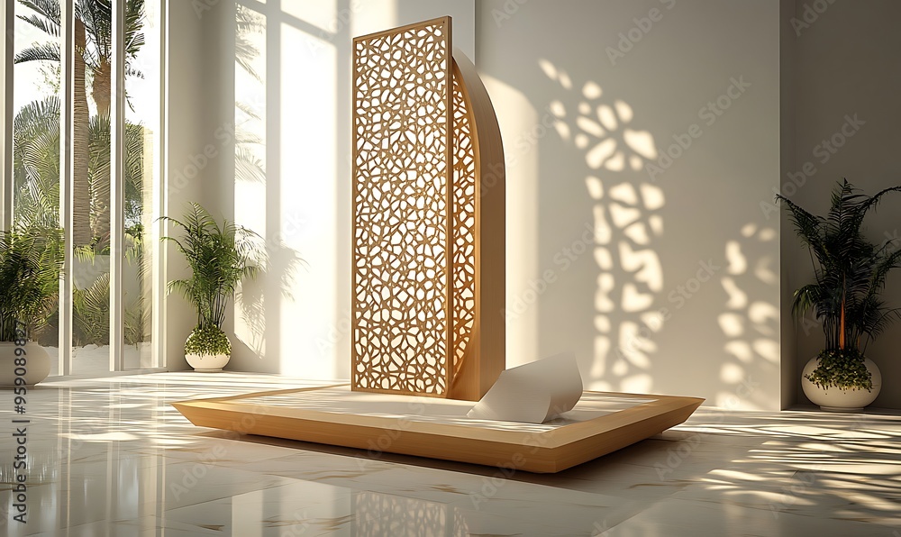 Poster intricate wooden lattice screen with curved top and shadow patterns in a minimalist interior