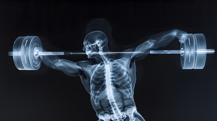 X-Ray of a Weightlifter Lifting Weights: An x-ray image of a weightlifter&rsquo;s arms and shoulders as they lift a heavy barbell.

