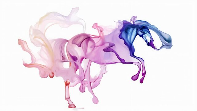 Watch as colorful watercolor paints horse from splashed onto a blank canvas, creating unique and vibrant patterns in a well-lit artistic space. The process showcases creativity and spontaneity.