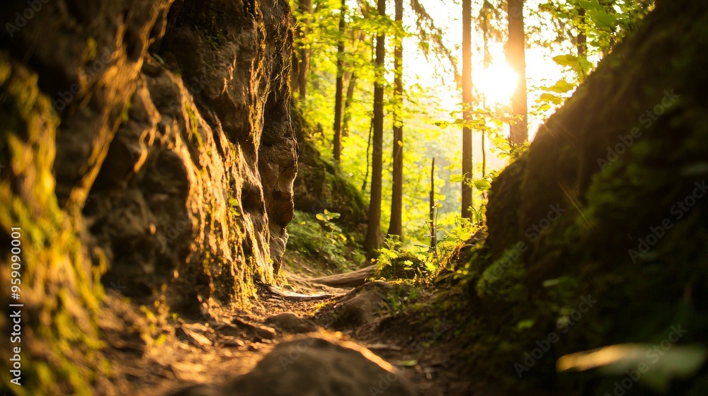 Poster Sunlight streams through a narrow forest path between mossy rock formations.