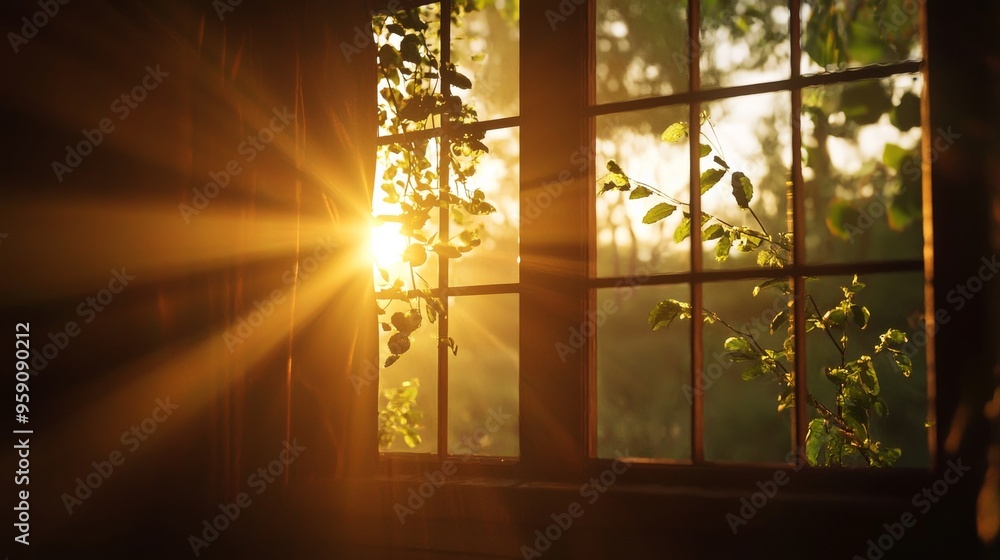 Poster sunlight streams through a window with vines, casting warm rays into a darkened room.