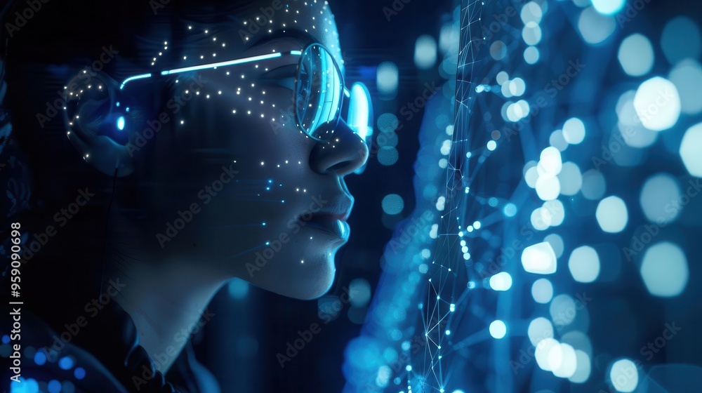 Aufkleber futuristic data scientist immersed in holographic interface manipulating glowing data streams dark a