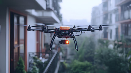 Drone Flying Over Urban Cityscape with Camera