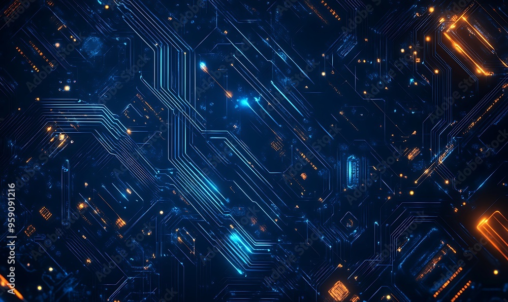 Poster abstract glowing circuit board pattern with blue and orange lines
