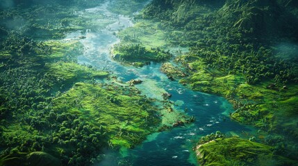 Fototapeta premium Early Civilization's River with Primitive Fish and Plants