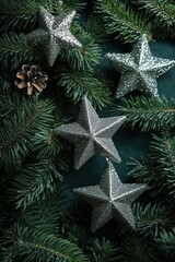Sparkling Silver Stars on Pine Branches for Christmas