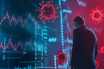 Businessman Looking at Stock Market Data with Coronavirus Models in Background