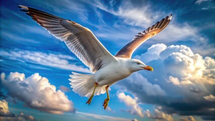 Seagull soaring gracefully against a backdrop of clouds and blue sky. Generative AI