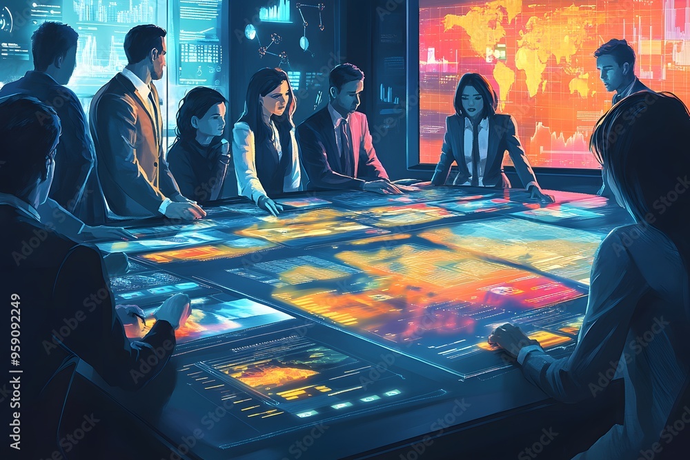 Poster business professionals analyzing data around a large interactive table