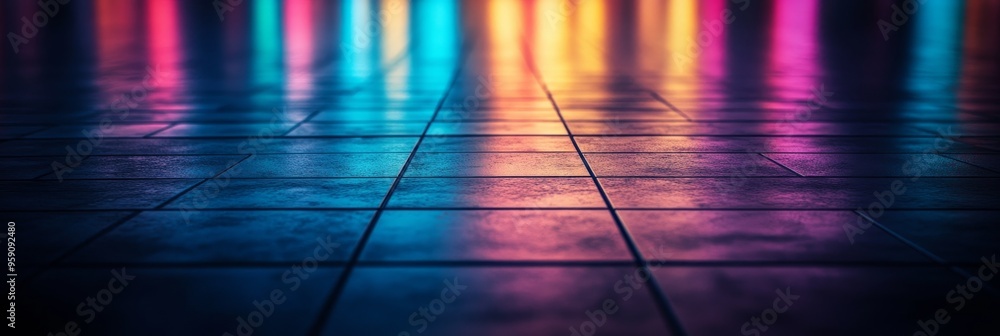 Poster vibrant neon lights illuminate a dark tiled floor, creating a captivating abstract composition. the 