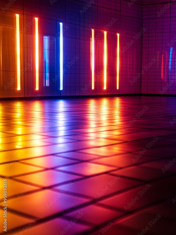 Poster vibrant neon light beams illuminate a dark tiled floor, casting colorful reflections and creating a 