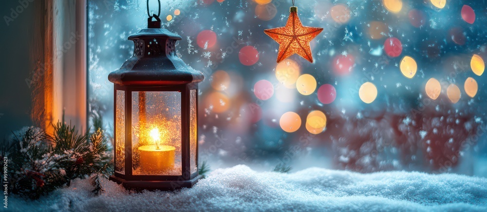 Poster cozy winter lantern scene with bokeh lights and frosted window