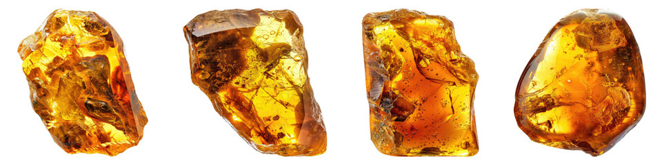 Amber fossil isolated on transparent background, set of