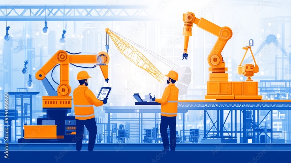 Poster two engineers supervise robotic arms working in a futuristic factory setting.