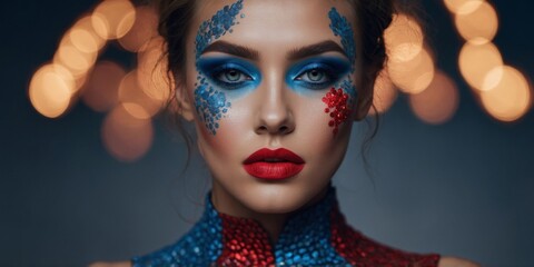 Dramatic face makeup with blue and red accents.