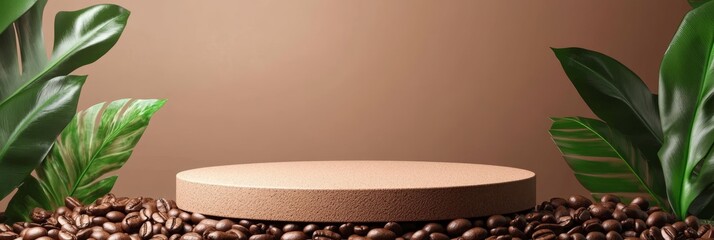 A 3D  mockup showcasing an earthy brown podium surrounded by coffee beans and lush green foliage.  The scene evokes a sense of natural warmth and freshness, ideal for showcasing products related to co