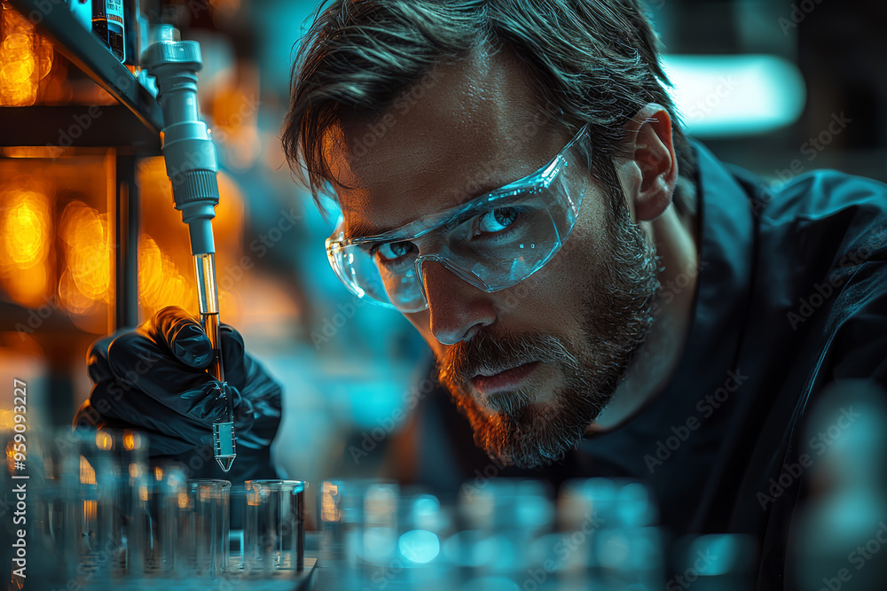 Poster a researcher conducting an experiment with advanced lab equipment, observing and recording precise m