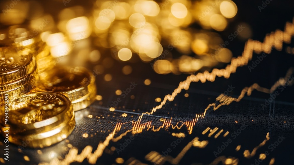 Poster A close-up of a gold price graph with various indicators and annotations, with gold bars and coins in the background, highlighting investment trends