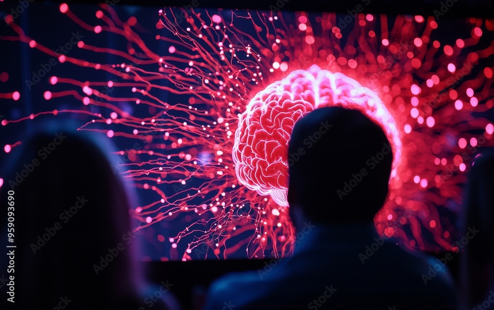 Poster two people watch a screen displaying a glowing brain surrounded by a network of digital lines.