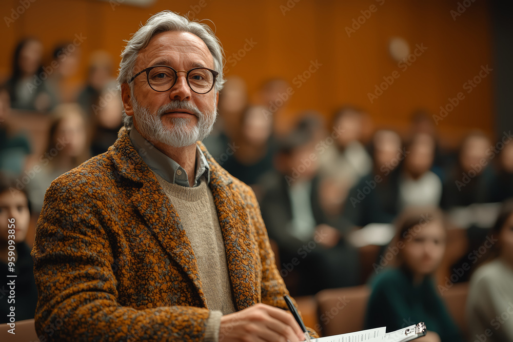 Poster a professor giving an engaging lecture on a challenging subject, with students attentively taking no