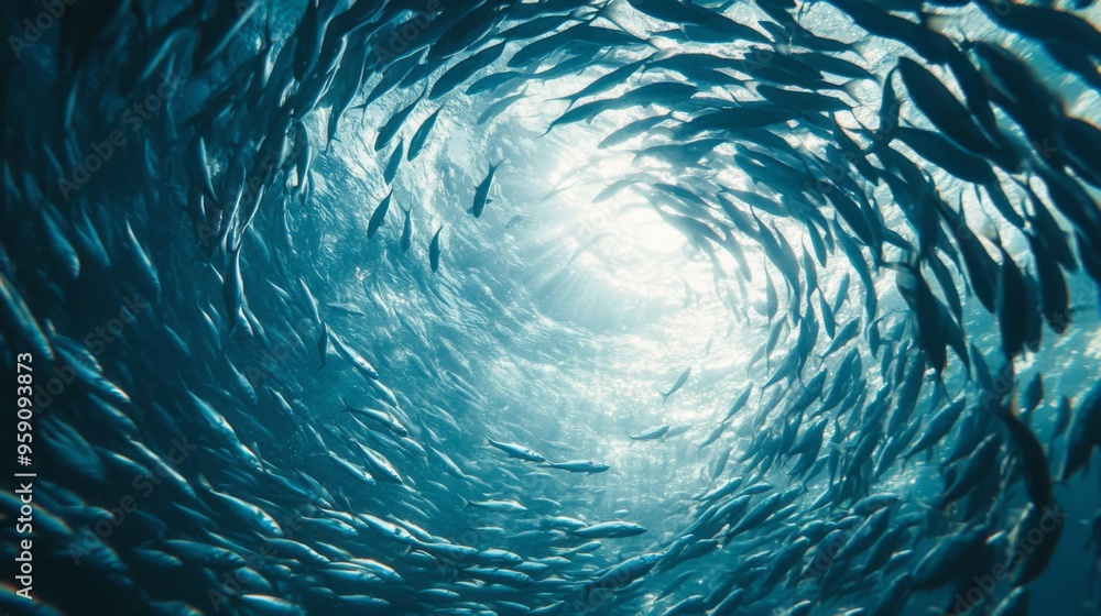 Poster a close-up of a school of fish forming a swirling pattern, with sunlight filtering through the water