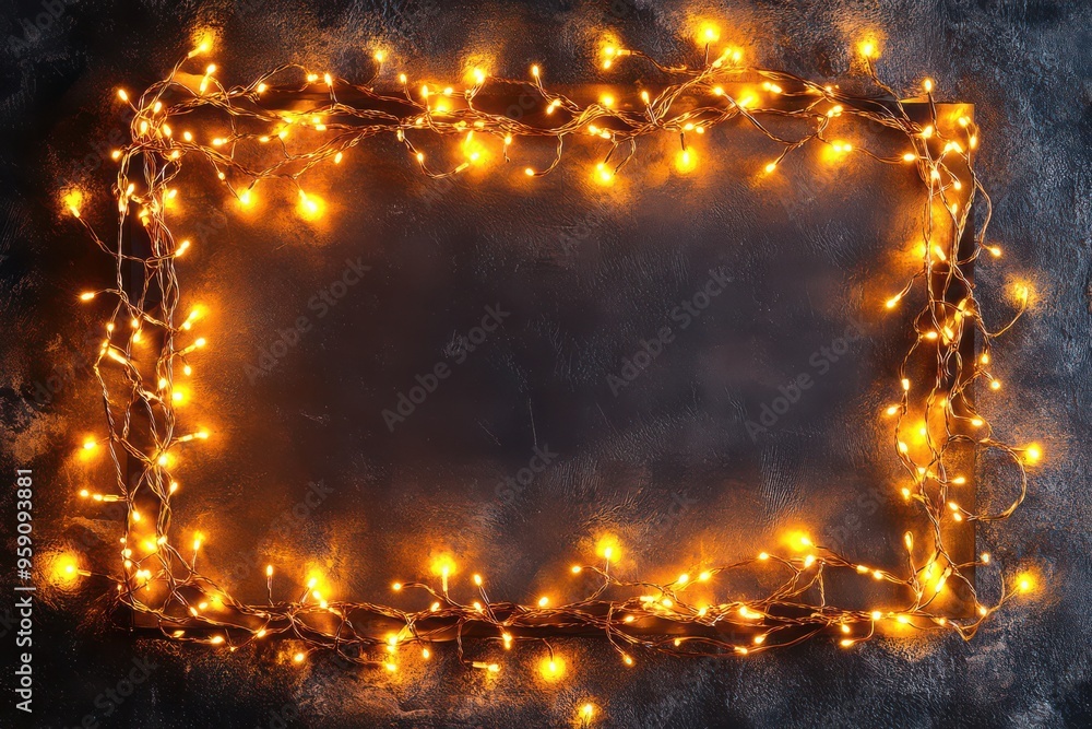 Poster rectangular frame of glowing fairy lights on dark background