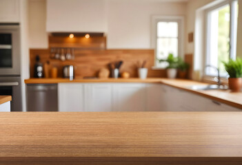 table top with blurred modern kitchen interior background