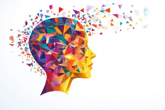 A profile view of a head composed of colorful triangles, with elements emanating from it that resemble brain-shaped figures Generative AI