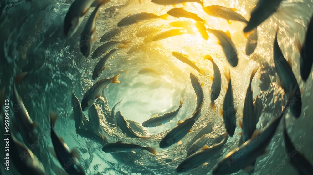 Poster a close-up of a school of fish forming a swirling pattern, with sunlight filtering through the water