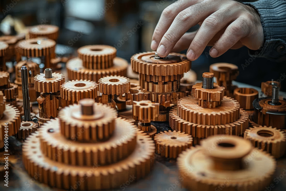 Poster a person using a set of unique wooden gears to create a functional machine, demonstrating inventive 
