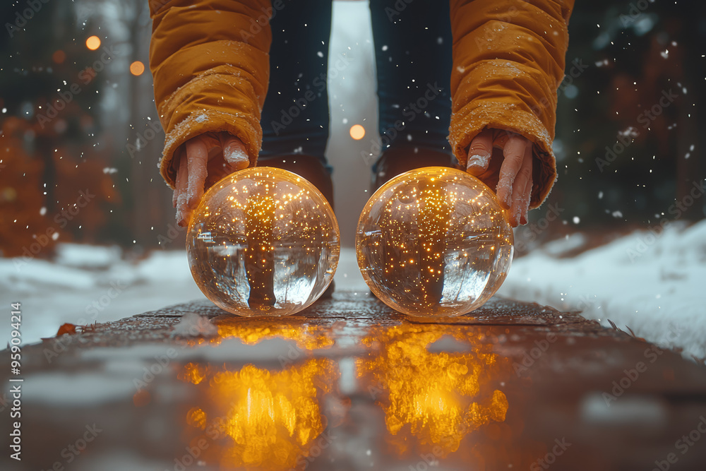 Poster a person balancing delicate glass orbs on a narrow platform, showcasing precision and unique problem
