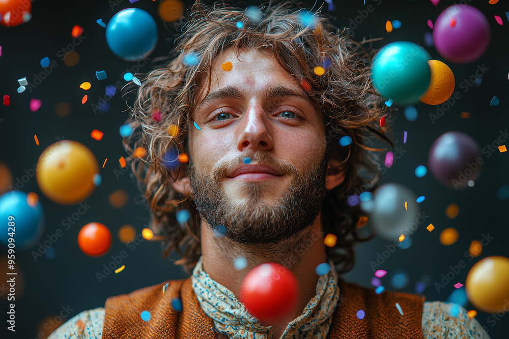 Poster a performer using juggling balls to represent problem-solving in a dynamic and engaging way. concept