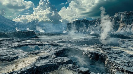 Fototapeta premium Prehistoric Magma Lake with Emerging Rock Structures