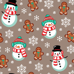 Christmas seamles pattern with cute snowman character, snowflackes and gingerbread man. Vector print for wrapping paper and holiday decor