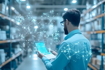 Man using a tablet with a digital network overlay in a warehouse