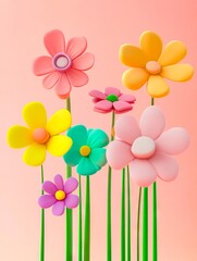 A bunch of colorful flowers in a vase on a pink background