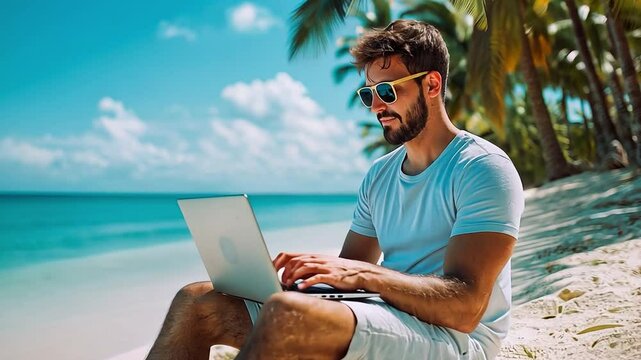 A businessman enjoying a tropical beach vacation, using a laptop. Weekend getaway and working from home as a freelancer