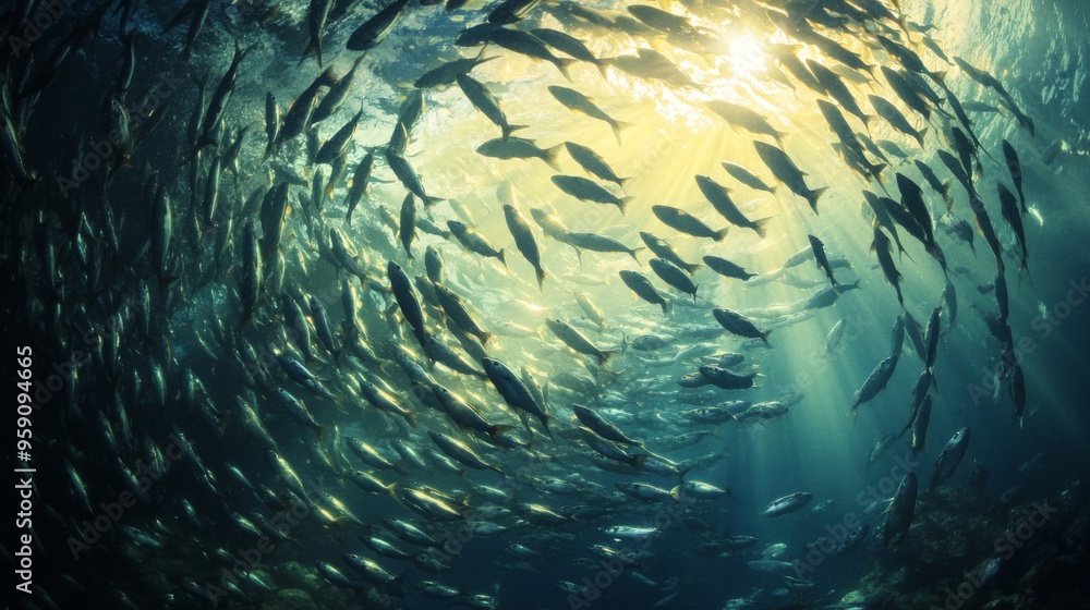 Poster a close-up of a school of fish forming a swirling pattern, with sunlight filtering through the water