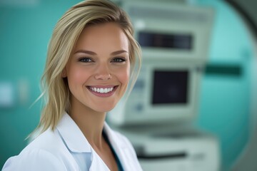 Fototapeta premium Blonde Physician in Radiology Room with High-Tech Gear