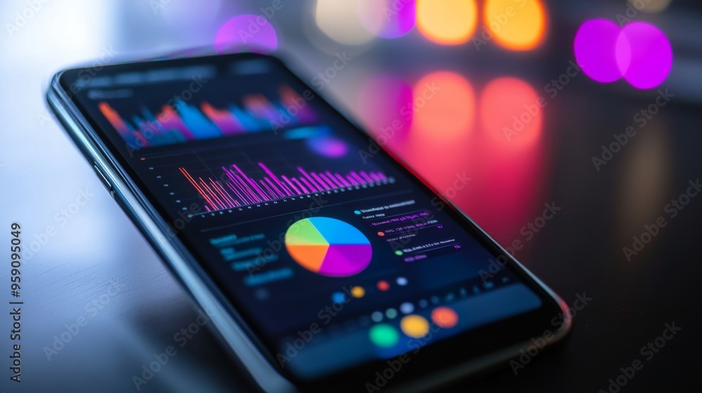 Poster A close-up of a smartphone screen displaying an interactive business graph app, with colorful pie charts and trend lines.
