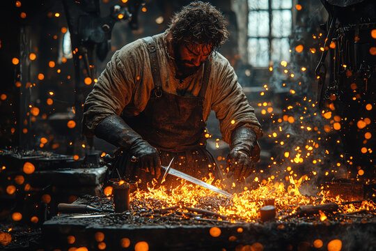 A medieval blacksmith forging a sword in a rustic forge, with glowing embers and tools scattered around. Concept of craftsmanship and medieval trades.