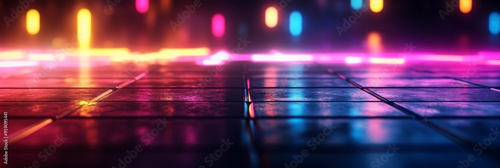 Poster a captivating image showcasing vibrant neon light beams reflecting on a dark tiled floor, creating a