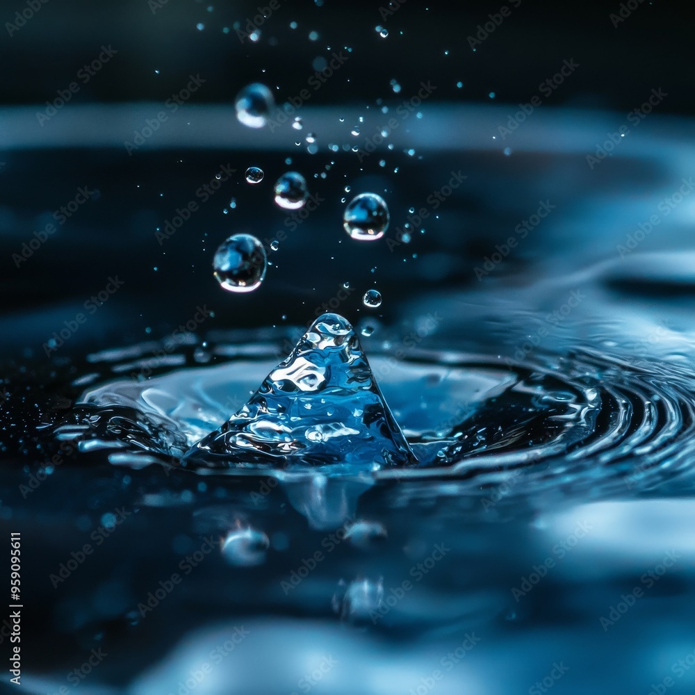 Poster water droplets splash and create ripples on a dark blue surface. the image is abstract and can be us