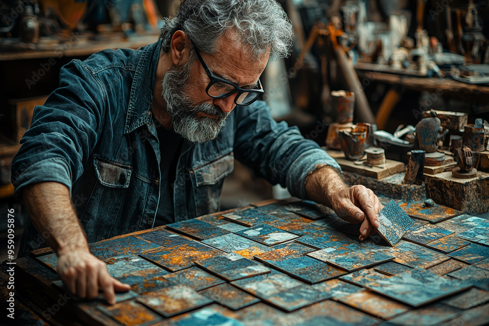 Poster a designer using magnetic tiles to form intricate patterns, illustrating creative problem-solving an